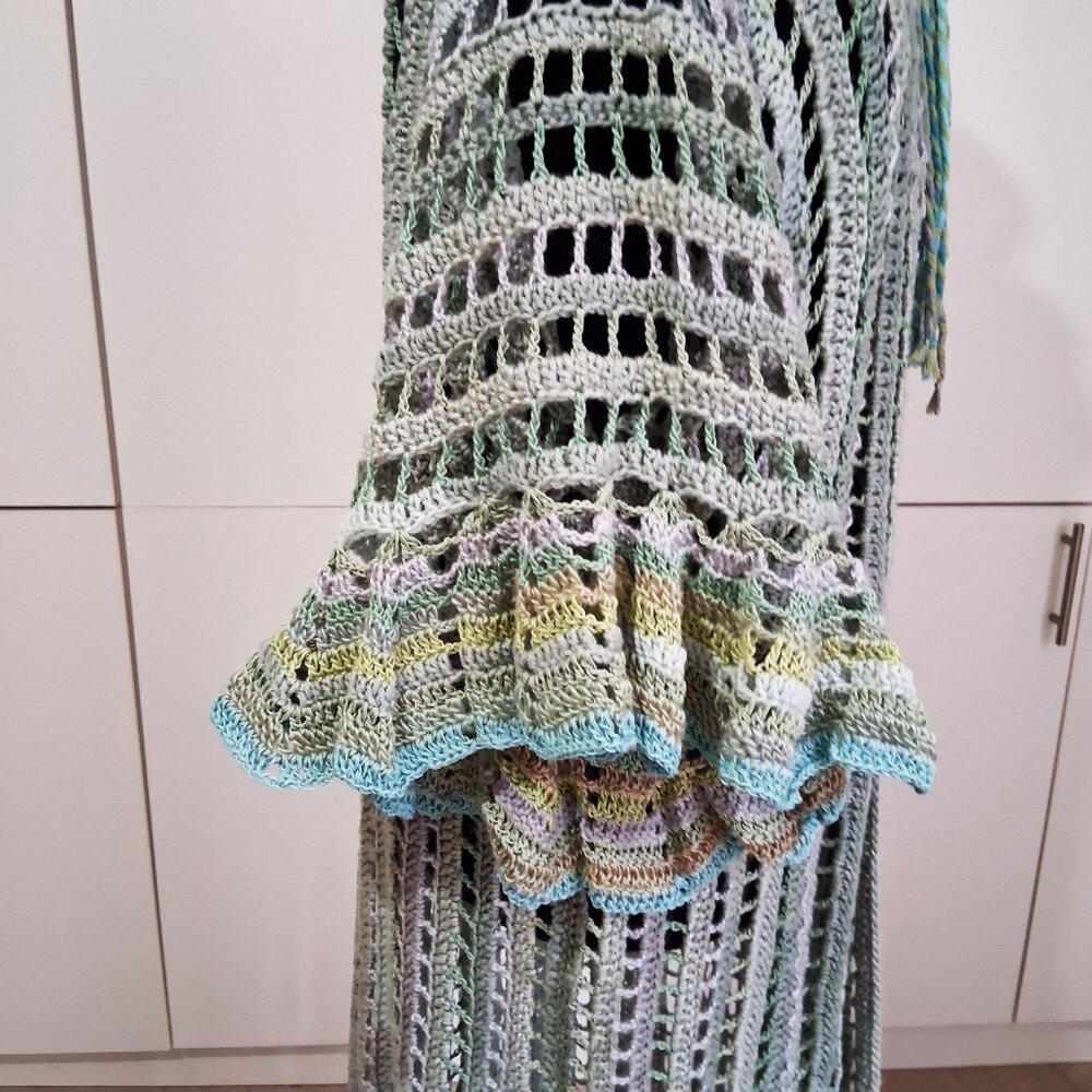 Light Green Mesh Boho Long Ruffle Edge Sweater Large xl - Picture 6 of 9